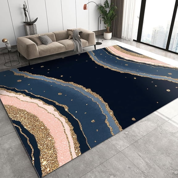Light Luxury Irregular Stripes Art Area Rug, Nordic Creative Bule Pink Gold Printed Rug, Cozy Non-Slip Breathable Washable Thin Mat For Living Room Bedroom Entryway Girls Room 1x2ft