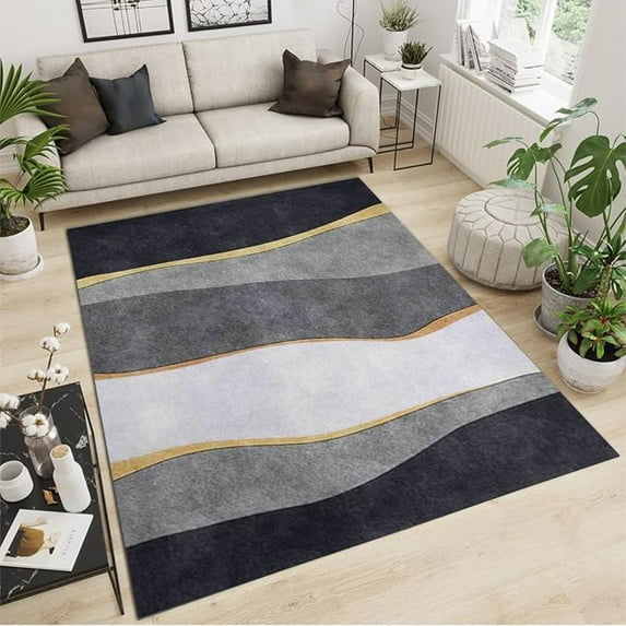Light Luxury Minimalist Rug For Living Room, Modern Black White Grey Gold Stripes Indoor Area Rug, Non-Slip Non-Shedding Washable Mat For Bedroom Entryway Kitchen Office Apartment 4x6ft