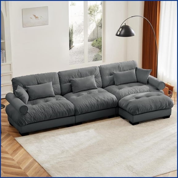 Light Luxury Modular L-Shaped Sectional | Deep Cloud Comfort | Movable Ottoman for Living Room | Gray | Velvet | Round Arms