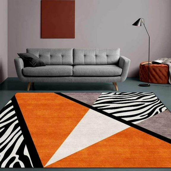 Light Luxury Orange Gold Lines Area Rugs, Black and White Abstract Zebra Stripes Decorative Rug, Washable Durable Carpet for Front Entrance Floor Decor 5x6ft
