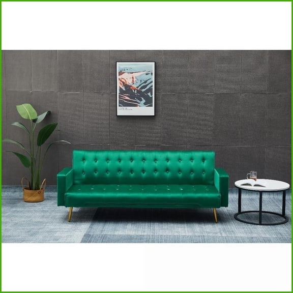 Light Luxury Premium Velvet Sofa Bed for Small Living Rooms | Green | Golden Metal Legs | Square Arms