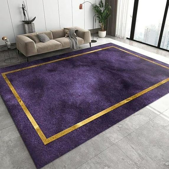 Light Luxury Purple Area Rug, Gold Border Non Slip Bedroom Rugs, Easy Care Durable Carpet For Indoor Living Room Office Decor Mat 4x5ft