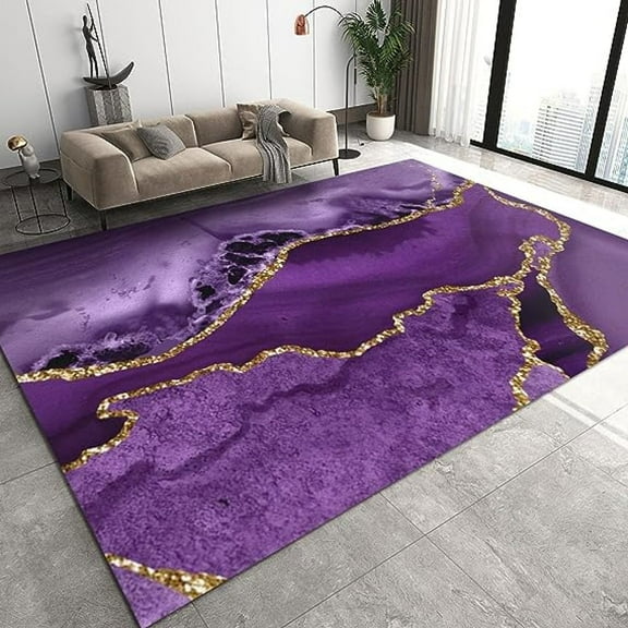 Light Luxury Purple Gold Marble Texture Area Rugs, Modern Abstract Gold Stripe Art Large Home Decor Rug, With Anti-Slip Easy Clean Carpet For Living Room Bedroom Dining Room Office 2' x 3'