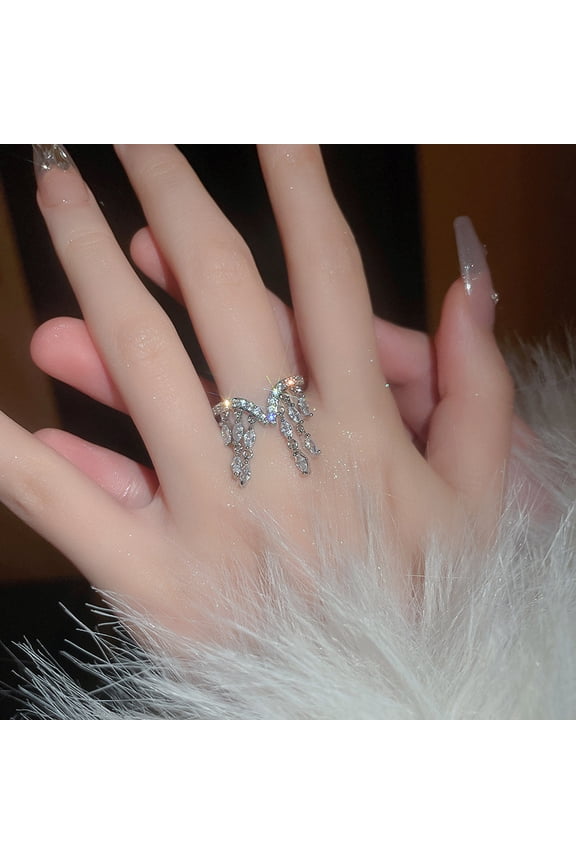 Light Luxury Style Zircon Geometric Tassel Open Ring High-End Fashion Niche Temperament Internet Celebrity Index Finger Ring Jewelry for Women