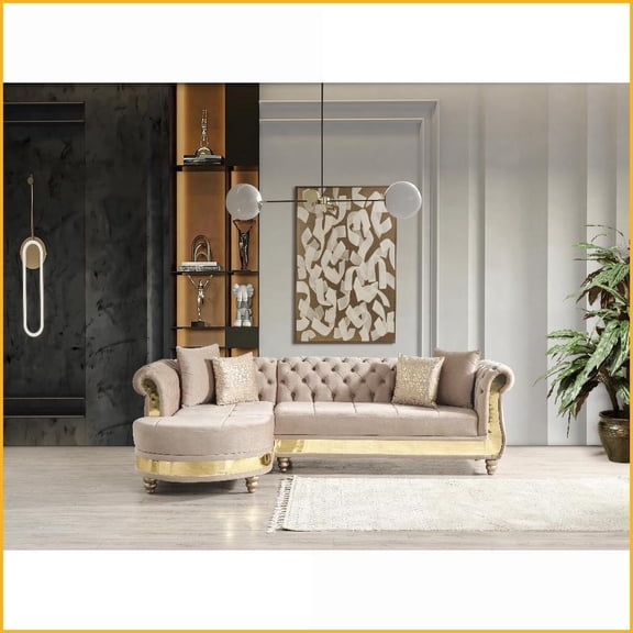 Light Luxury Taupe Velvet Tufted L-Shaped Sectional Sofa with Gold Trim & Pillows  Living Room | Taupe | Velvet | Solid Wood+MDF