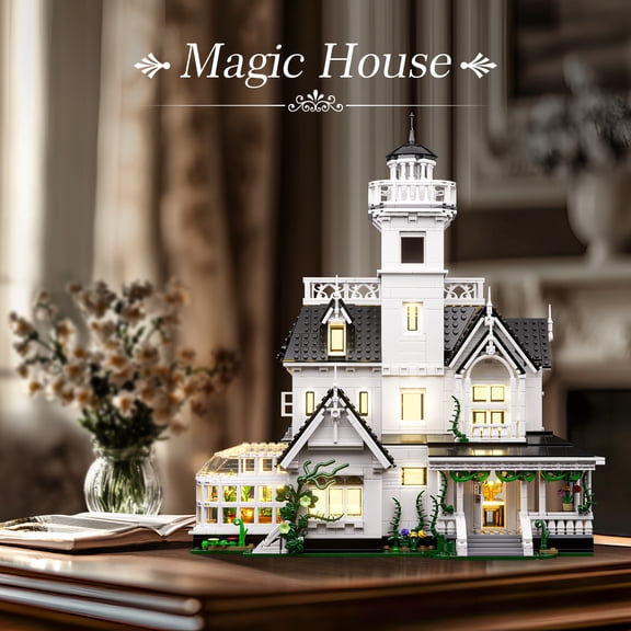 Light Up Magic House Building Sets | 1877Pcs Victorian Lighthouse Construction Toys, Detailed Interior Bricks Model, With Paper Instruction & LED Lights
