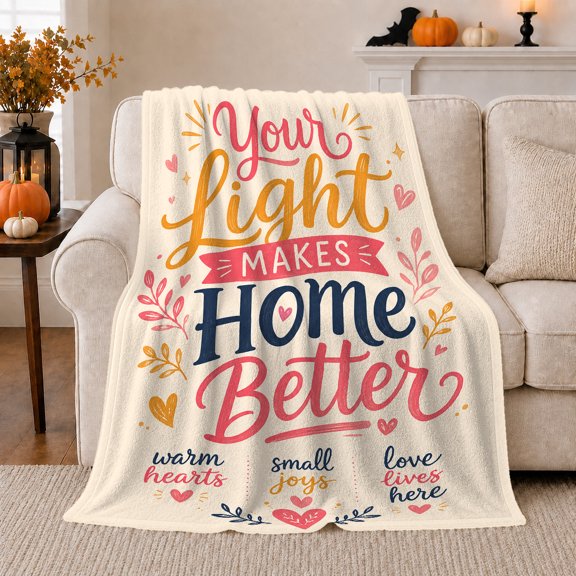 Your Light Makes Home Better Script Pumpkins Cat, Peaceful Pet Portrait Pattern, Warm Flannel Blanket for Living Room and Reading Nook, Cat Lovers Thanksgiving Gift, Pet Lover Home Decor