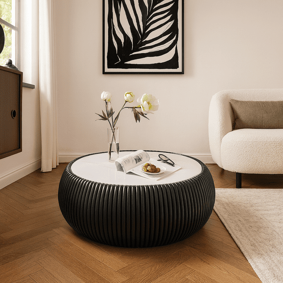 Light Marble Top Drum Shape Leather Coffee modern Sofa Table for Living Room furniture