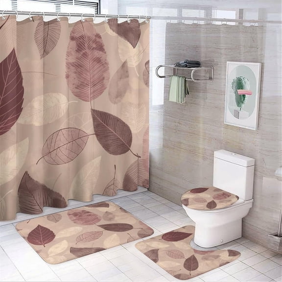 Light Maroon and Gray 4Pcs Family Shower Curtain Sets 72 X 72 Inch | Bathroom Sets with Waterproof Shower Curtain Non-Slip Rugs Toilet Lid Cover and Absorbent Bath Mat Washable for Home Decor