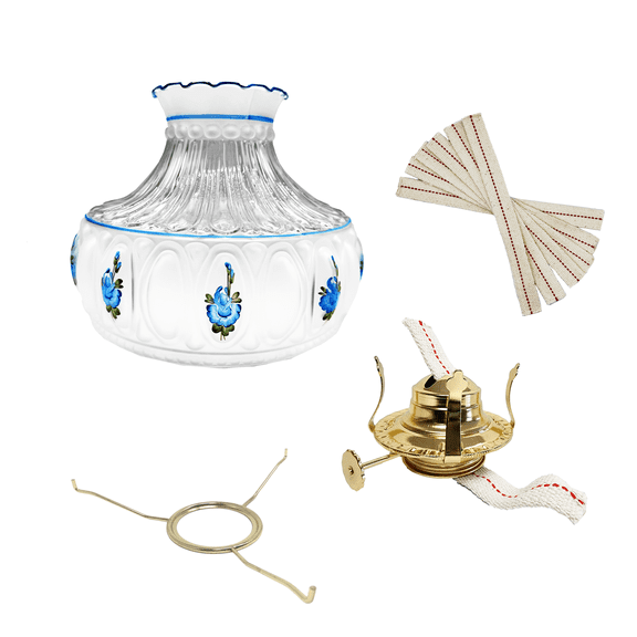 Light Of Mine 10" Tripod with Princess Feather Shade and Burner (10" Flat Tripod with Blue Floral Shade, #2 Brass Plated Burner, and 3/4" Wick Strips)