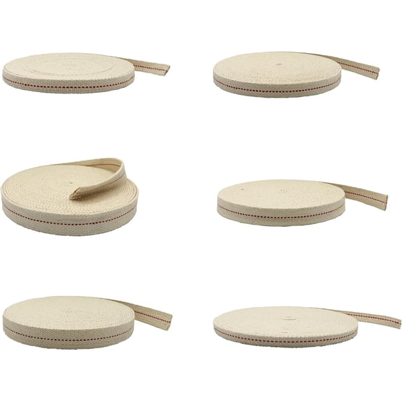 Light of Mine - 3/8", 1/2", 5/8", 3/4", 7/8", and 1" - 33' Foot, 100% Cotton Flat Wick - 6 Pack Bundle, for Paraffin Oil, Kerosene Based Lanterns, and Oil Lamps with Genuine Red Stitch