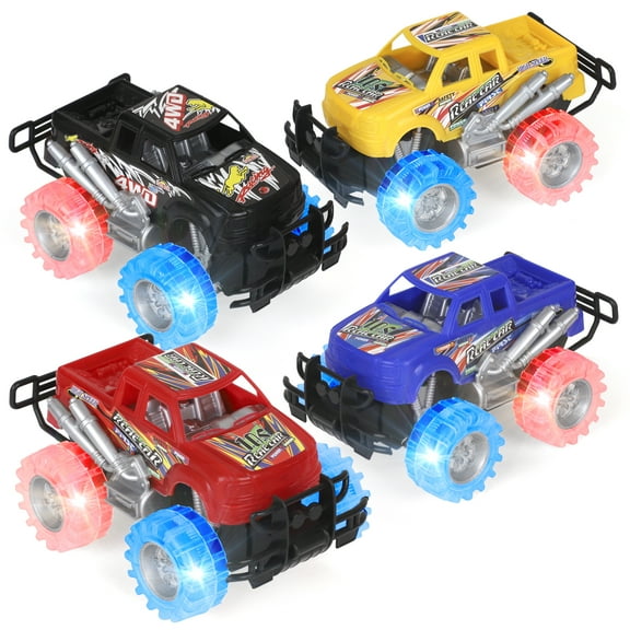 Light Up Monster Truck Set, Set Includes 2, 6 Inch Monster Car Toy with Beautiful Flashing LED Tires, Push n Go Cars, Friction Toy, Race Truck Car for Kid