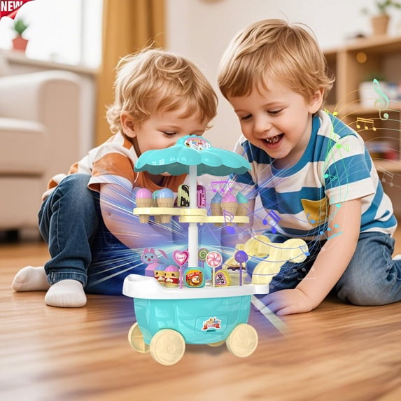 Light Up Music Ice Cream Cart Pretend Play Toys,Kids Toddler Candy Dessert Stall Playset with Detachable Lollipop Cone Treat,Learning Toy,Imaginative Snack Vendor Role Play Kit for Boys Girls Ages 3+