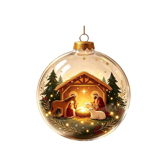Light Up Nativity Scene Plastic Christmas Ornament Ball Built-in Warm LED Lights Classic Christmas Story Design Hanging Bauble For Xmas Tree Window Mantel Home Party Decor Keepsake Gift