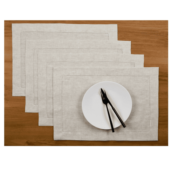 Light Natural Linen Placemats Set of 4 – 100% Pure Linen Cloth Placemats 19" L x 14" W Inch – Classic Hemstitch Fabric Placemats for Spring, Holiday D r
