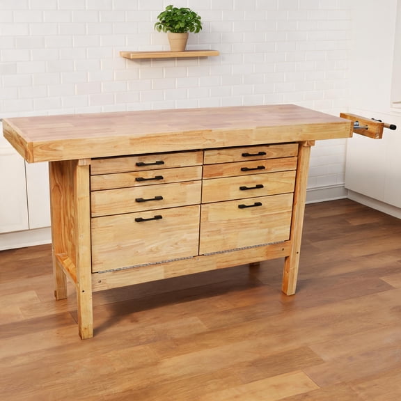 Light Natural Solid Rubber Wood Workbench for Workshop Woodworking, 62.5 Inch Rectangular with 8 Drawers