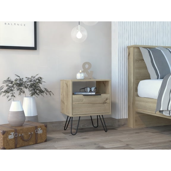 Light Oak 1-Shelf 1-Drawer Nightstand, Hairpin Legs and Functional Storage Space