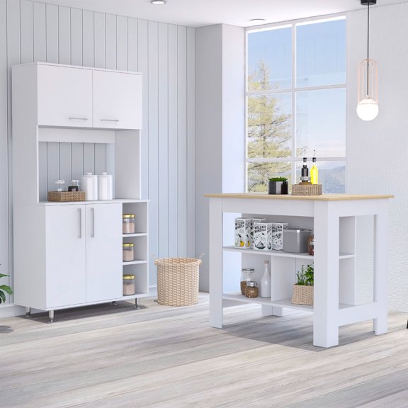 Light Oak Appearance - Three Open Shelves Setup - Family Kitchen Area - Practical Storage for Appliances