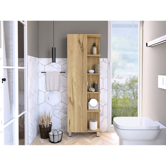 Light Oak Bathroom Cabinet, Ergonomic Design with 4 Legs - More Storage in Small Rooms