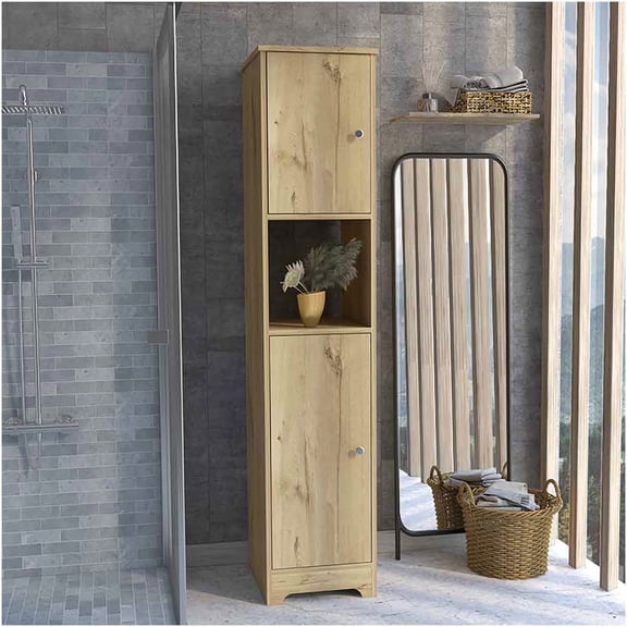 Light Oak Double Door Storage Cabinet with 4 Adjustable Shelves & Open Display Shelf