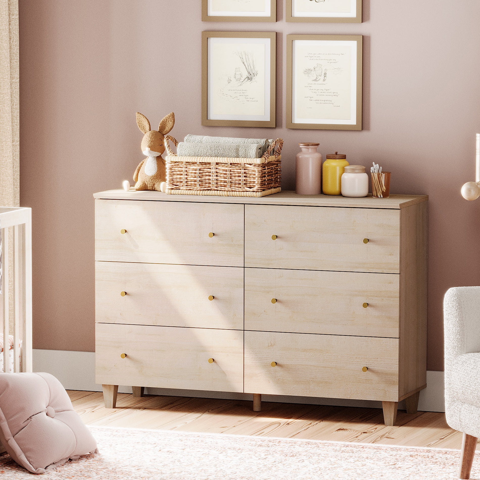 Light Oak Dresser with 6 Drawers for Bedroom, Modern Wood Wide Double Dressers, 47.2 Inches Wide Chest of Drawers