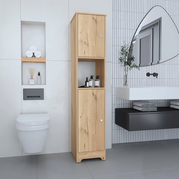 Light Oak Linen Cabinet | Store Dining Room Items, Display Decor Pieces | Built with Particle Board | Provide Modern Storage