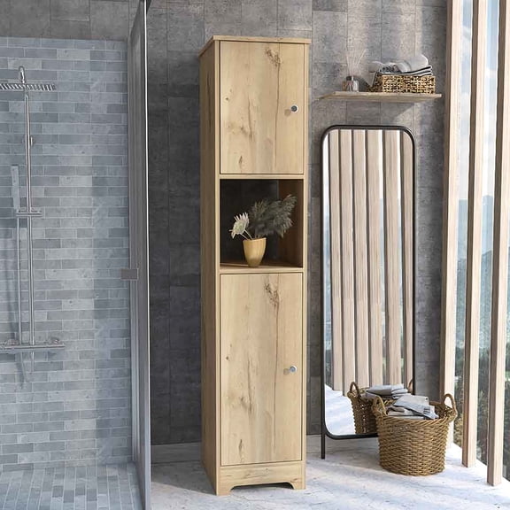 Light Oak Linen Cabinet | Two Cabinets and Five Shelves for Storage | Crafted from Durable Particle Board | Eliminates Clutter in Small Spaces