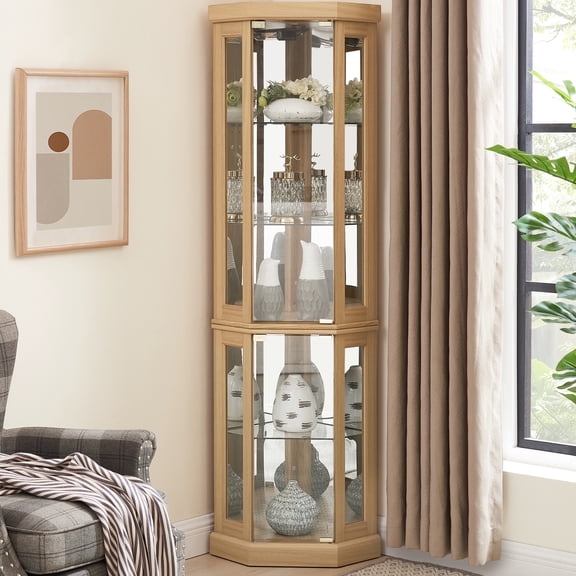 Light Oak Main - Lighted Cabinet - Corner Display - Secure Storage