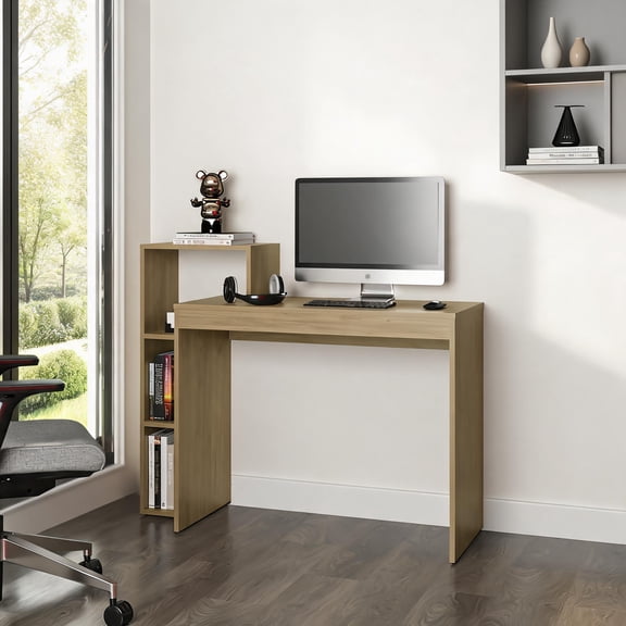 Light Oak Minimalist Computer Desk with Open Shelving, Engineered Wood Work Surface for Indoor Use