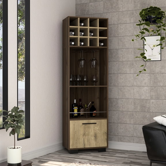 Light Oak Modern Corner Bar Cabinet for Dining Room, Shelves Included
