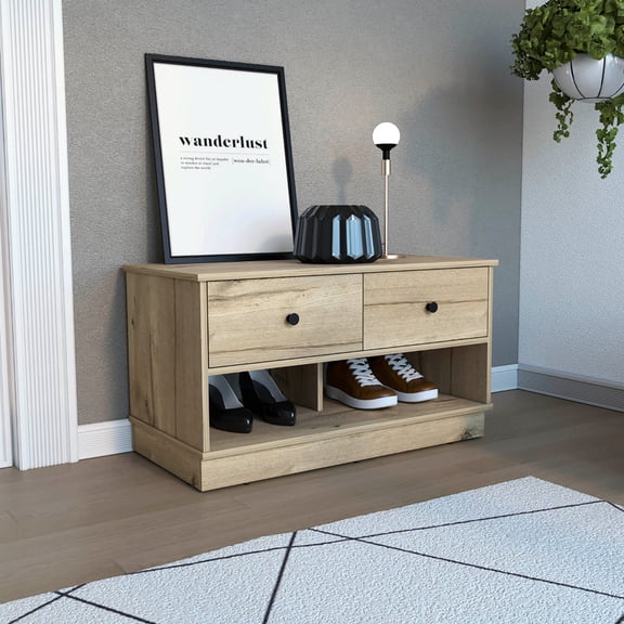 Light Oak Storage Bench with Metal Rails - Perfect for Dressing Room Organization
