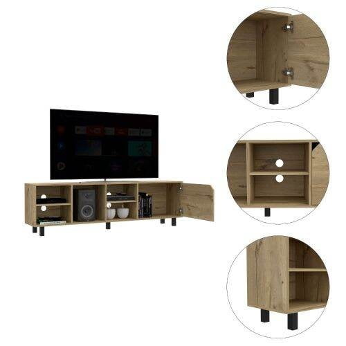 Light Oak TV Stand for TVs up to 70 Inches with 4 Open Shelves and 5 Legs - Beige Particle Board, 70.8L x 13.7W x 20.6H