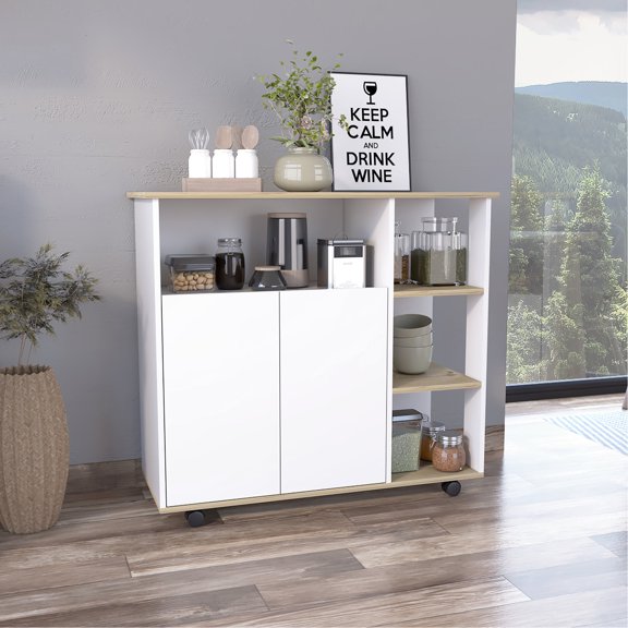 Light Oak and White Kitchen Island with Cabinet / Storage Solution for Kitchen Essentials