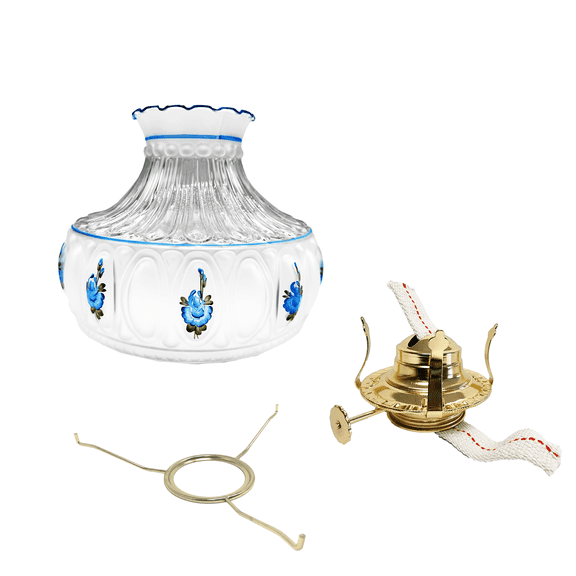 Light Of Mine 10" Tripod with Princess Feather Shade and Burner (10" Flat Tripod, Floral Blue Shade, and #2 Brass Plated Burner)