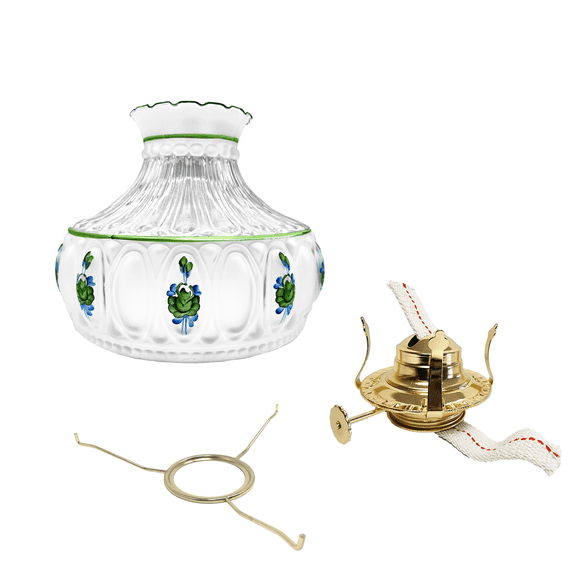 Light Of Mine 10" Tripod with Princess Feather Shade and Burner (10" Flat Tripod, Floral Green Shade, and #2 Brass Plated Burner)