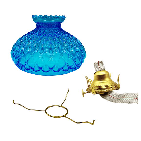 Light Of Mine 10" Tripod with Princess Feather Shade and Burner (10" Round Tripod, Quilted Light Blue Shade, and Queen Ann Burner)