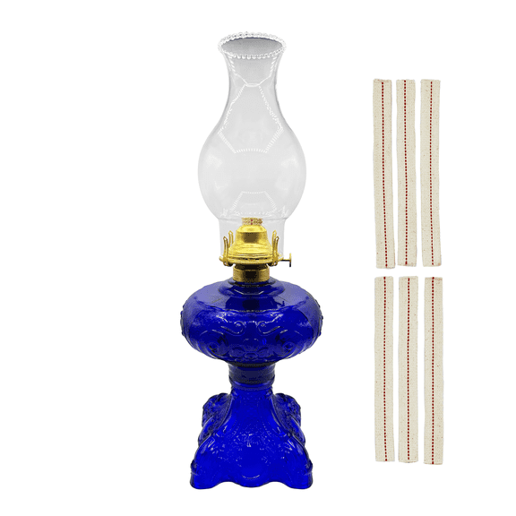Light Of Mine Princess Feather Oil Lamp Ornate Decorative Antique Pedestal Style Glass Oil Hurricane Lamp Clear with 3/4" Wick roll (Cobalt Blue)