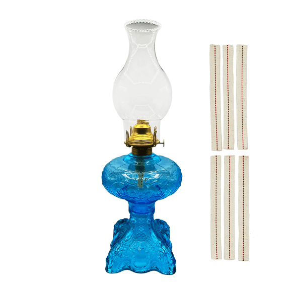 Light Of Mine Princess Feather Oil Lamp Ornate Decorative Antique Pedestal Style Glass Oil Hurricane Lamp Clear with 3/4" Wick roll Light Blue