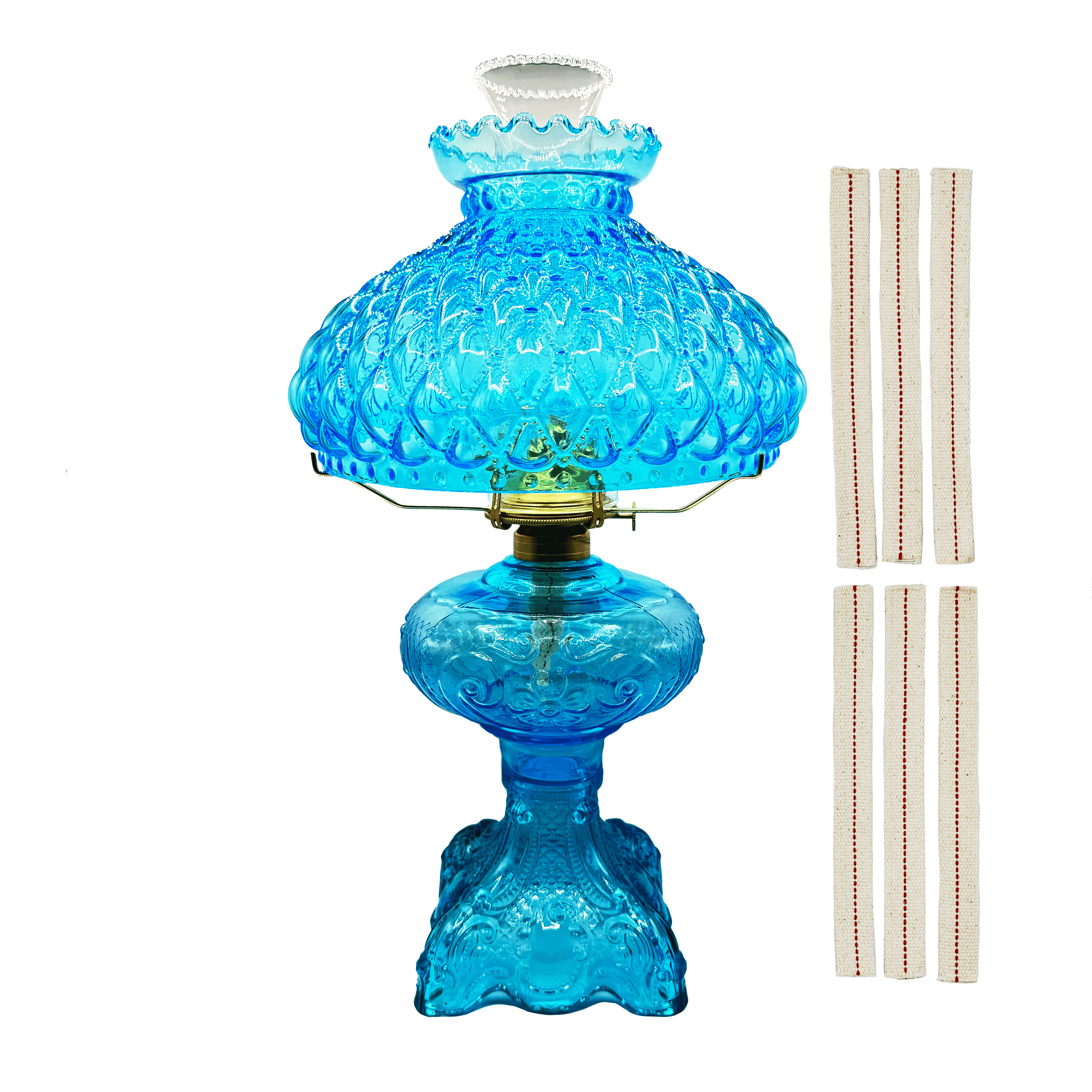 Light Of Mine Princess Feather Oil Lamp Ornate Decorative Antique Pedestal Style Glass Oil Hurricane Lamp Clear with 3/4" Wick roll Lt Blue 10" Shade