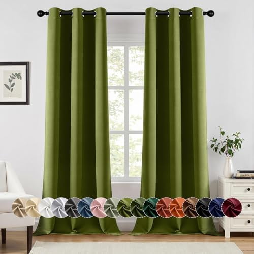 Light Olive Green Blackout Curtains for Bedroom Living Room 90 Inches Long 2 panels, Thermal Insulated Room Darkening Drapes Grommet Top Noise Reducing Light Blocking Window Curtains 40x90 Inch