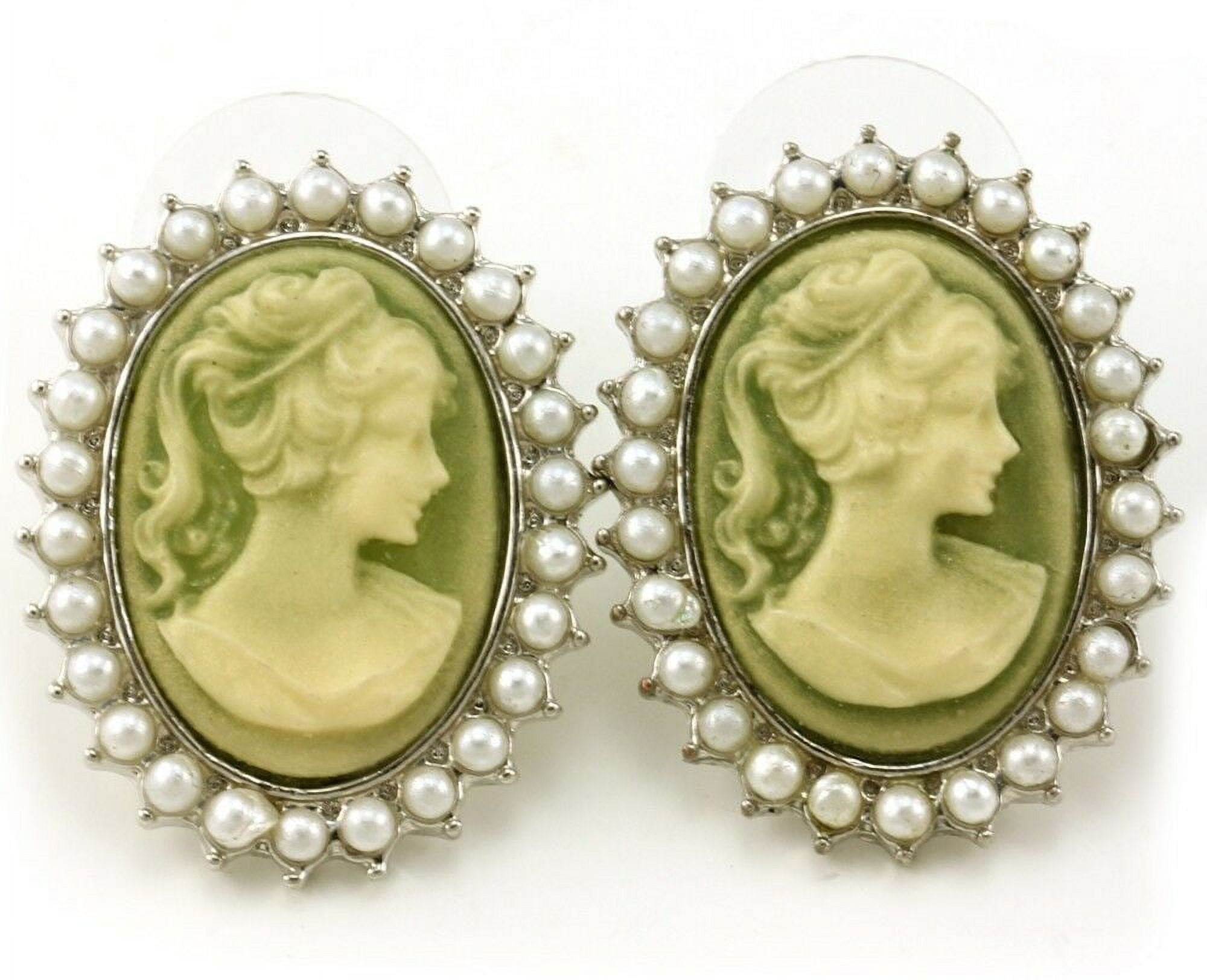 SOUL BREEZE COLLECTION Light Olive Green Cameo Stud Post Pierced Earrings White Faux Pearl Silver Tone