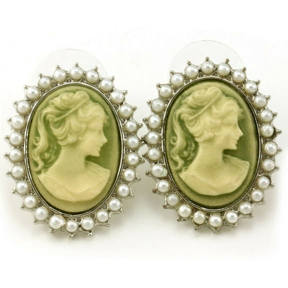 Light Olive Green Cameo Stud Post Pierced Earrings White Faux Pearl Silver Tone