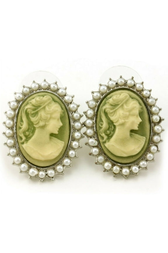 Light Olive Green Cameo Stud Post Pierced Earrings White Faux Pearl Silver Tone