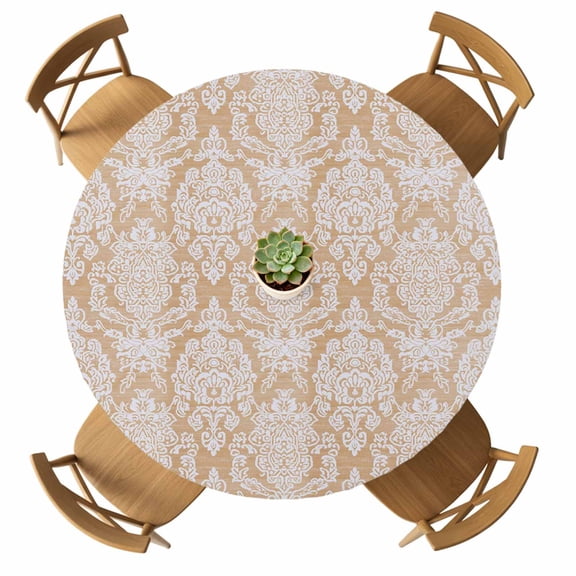 Light Orange Flower Round Table Cover, Ethnic Middle East Waterproof Fitted Tablecloths for 36"-44" Tables, Washable Picnic Table Cover for Camping Dining Indoor Outdoor