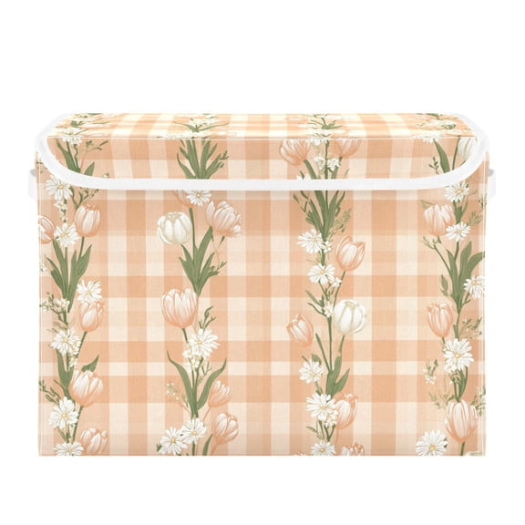 Light Orange Plaids with Strings Of Flowers Foldable Storage Bins with Lids Handles Collapsible Storage Containers Tote Boxes 16.5 x 12.6 x 11.8 inches