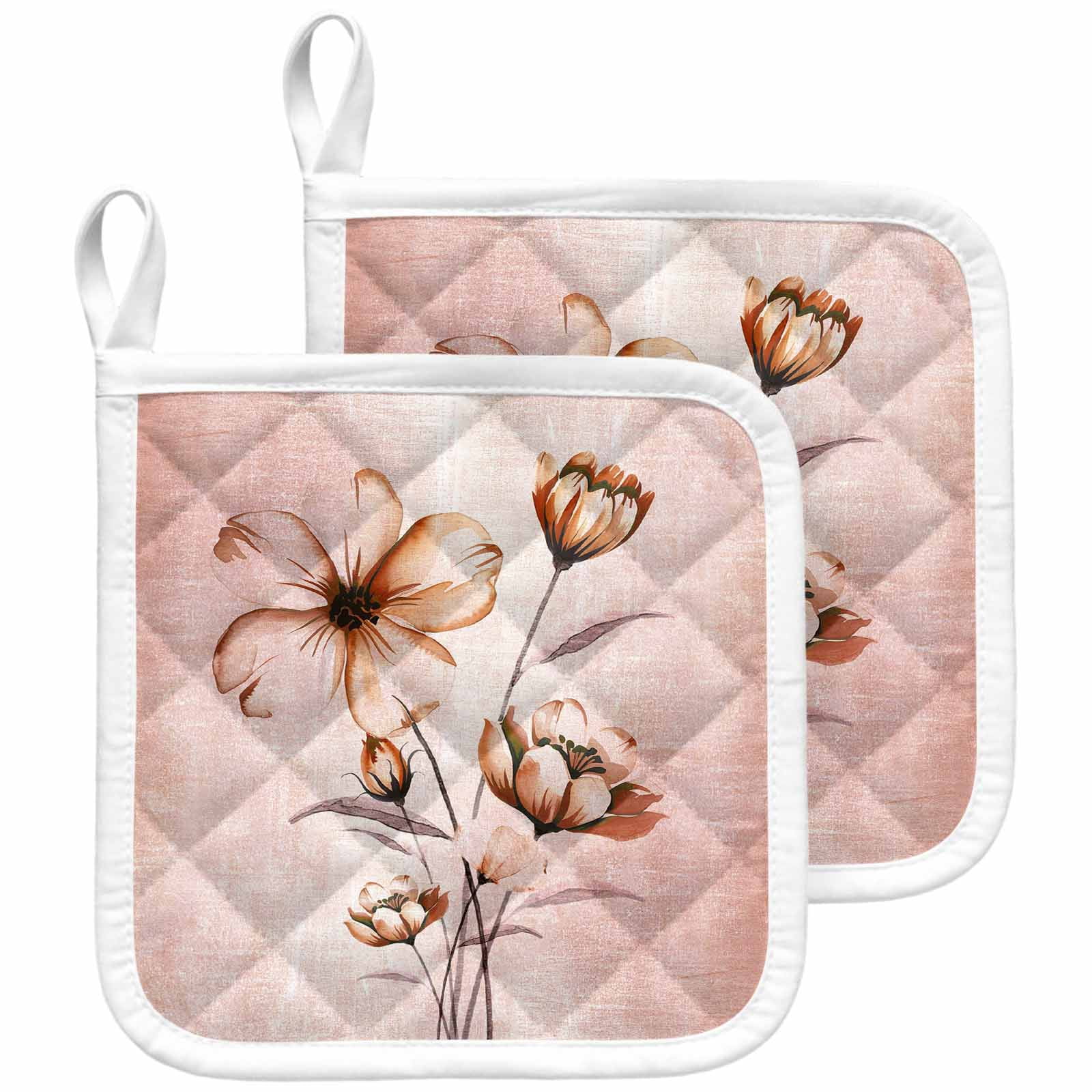 Light Orange Spring Floral Pot Holders for Kitchen Heatproof Potholder, 2 Pack Ombre Modern Art Vintage Hot Pads Multipurpose Oven Pads Cloth Potholders Trivet for Cooking and Baking