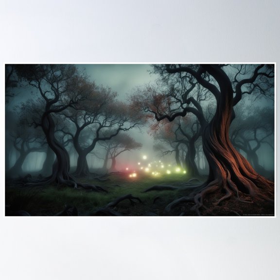 Light Orbs In A Mystical Forest Poster Wall Art, Modern Wall Decor, 24x36 UNFRAMED