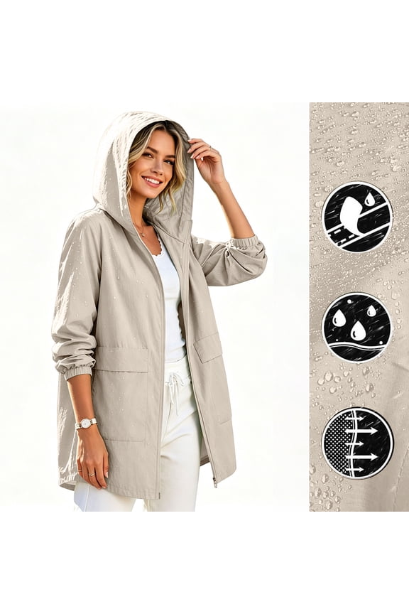 Light Packable Rain Jacket Women Waterproof, Hooded Windbreaker Raincoat With Functional Pockets For All Outdoor Activities Beige L