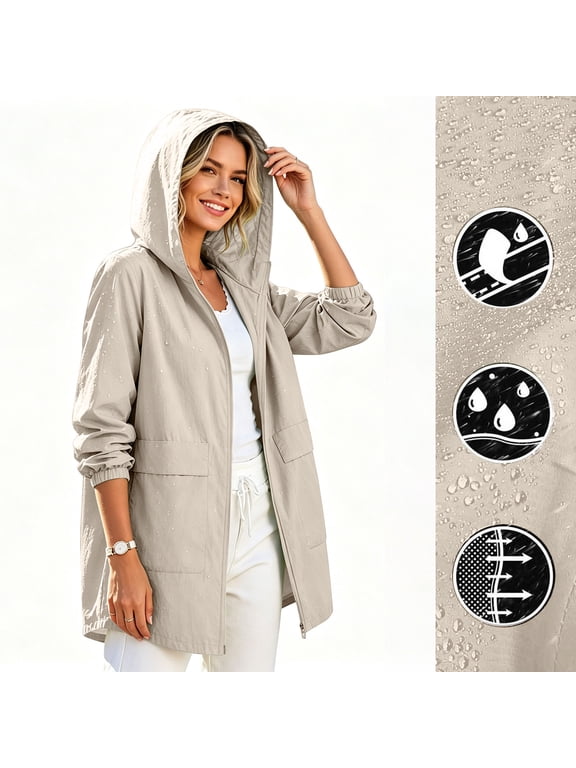 Light Packable Rain Jacket Women Waterproof, Hooded Windbreaker Raincoat With Functional Pockets For All Outdoor Activities Beige L