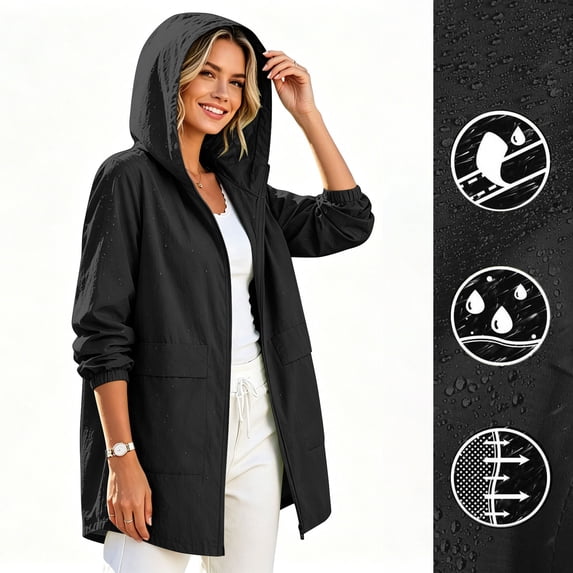 Light Packable Rain Jacket Women Waterproof, Hooded Windbreaker Raincoat With Functional Pockets For All Outdoor Activities Black S